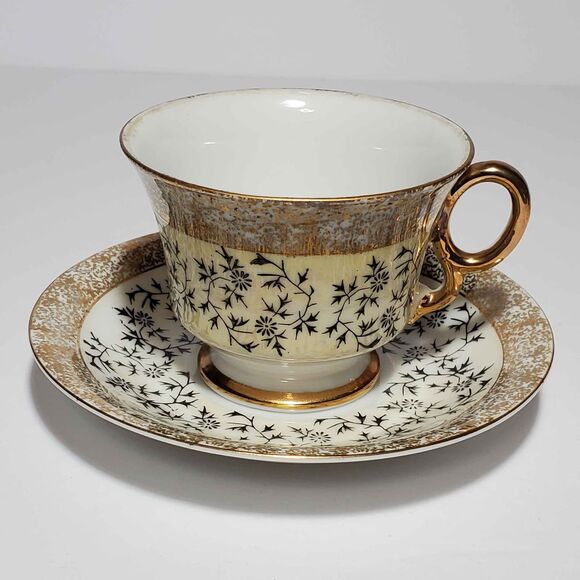 Aaco Teacup and Saucer Opalescent Gold Flowers Vintage - Picture 2 of 9